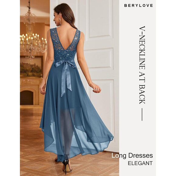 BeryLove Women Grey Blue Chiffon Scoop Neck Sleeveless Lace Cocktail Dress - Picture 4 of 6